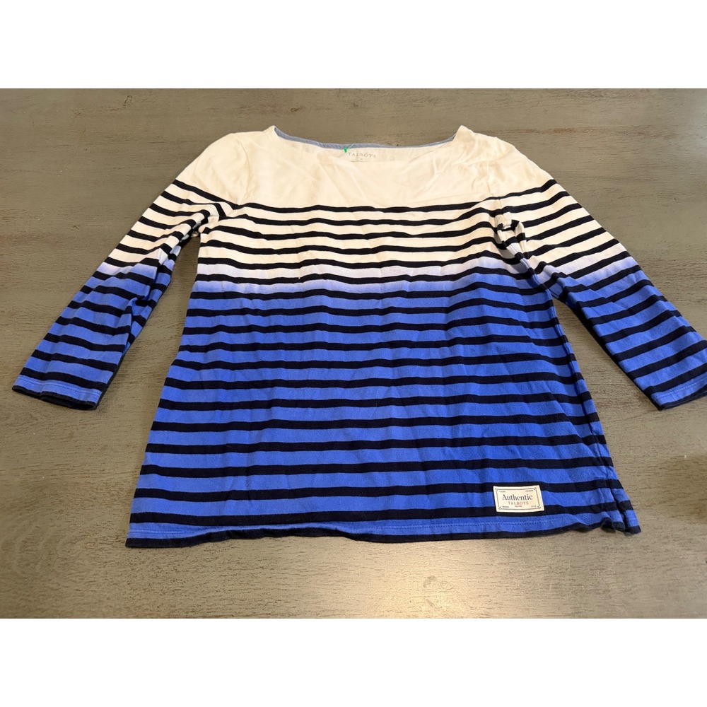 Talbots Authentic Blue Ombre Striped Boatneck Cotton Top 3/4 Sleeve Womens M